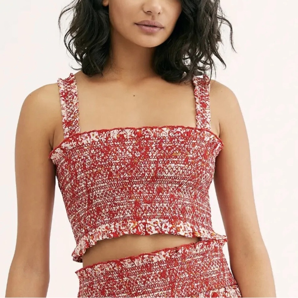 Free People Endless Summer Thalia Smocked Crop Top in Red Ivory Combo Small $118 - Picture 9 of 11